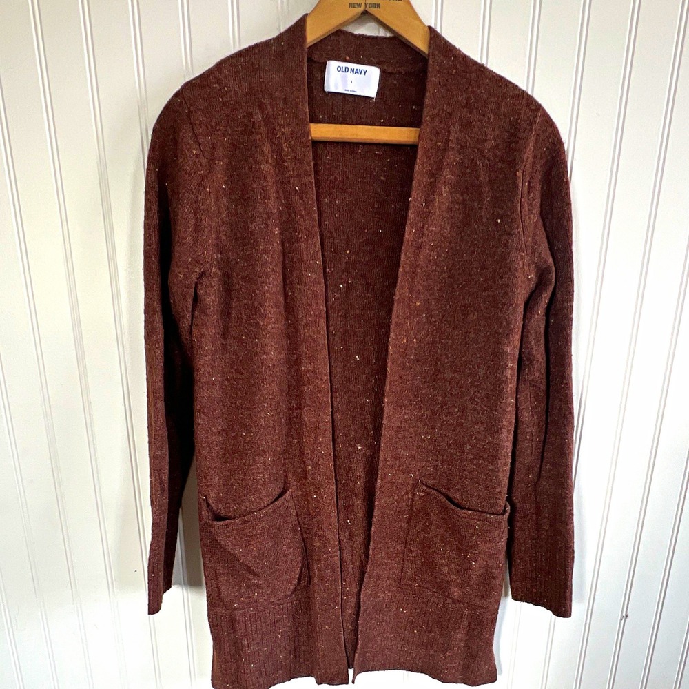 Old Navy minimalist Brown Solid Knit Open Front Cardigan Sweater Pockets Size S
